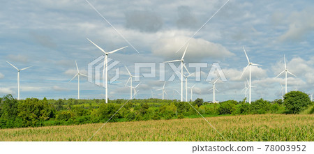 Wind turbines or windmills farm field in industry factory. Power, sustainable green clean energy, and environment concept. Nature innovation. Wind turbines or windmills farm field in industry factory. Power, sustainable green clean energy, and environment concept. Nature innovation. 78003952