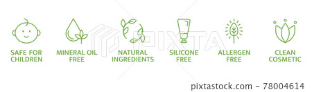 Organic and natural cosmetic line icons. Skincare symbol. Allergen free badges. Beauty product. Clean cosmetic. Non toxic logo. Eco, vegan label. Safe for children. Vector illustration Organic and natural cosmetic line icons. Skincare symbol. Allergen free badges. Beauty product. Clean cosmetic. Non toxic logo. Eco, vegan label. Safe for children. Vector illustration 78004614