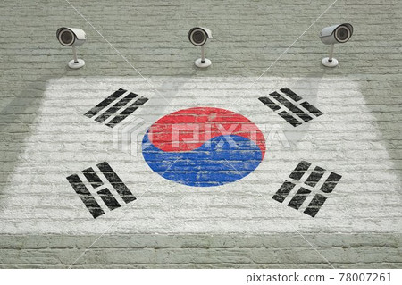 Brick wall with printed national flag of South Korea and CCTV cameras. Surveillance system conceptual 3D rendering Brick wall with printed national flag of South Korea and CCTV cameras. Surveillance system conceptual 3D rendering 78007261