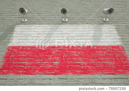 Brick wall with printed national flag of Poland and CCTV cameras. Surveillance system conceptual 3D rendering 78007280