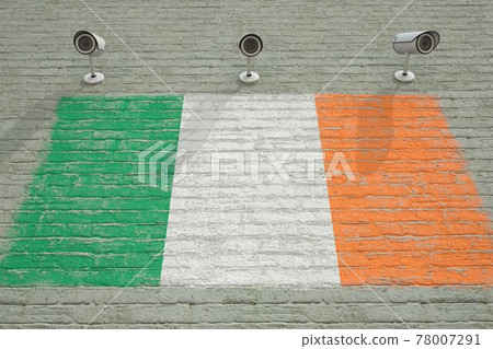 Surveillance cameras and wall with printed flag of Ireland. National security system concept. 3D rendering 78007291