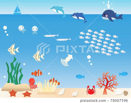 想像有許多海洋生物的大海的插圖 想像有許多海洋生物的大海的插圖 78007596
