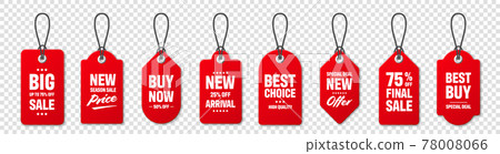 Realistic red price tags collection. Special offer or shopping discount label. Retail paper sticker Realistic red price tags collection. Special offer or shopping discount label. Retail paper sticker 78008066