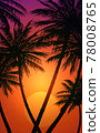 Natural Coconut trees. Mountains horizon hills. Silhouettes of palm trees and hills. Sunrise and sunset. Landscape wallpaper. Illustration vector style. Colorful view background. 78008765