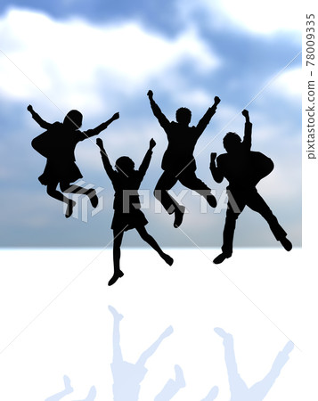Silhouette of four female students jumping black CG illustration vertical 78009335