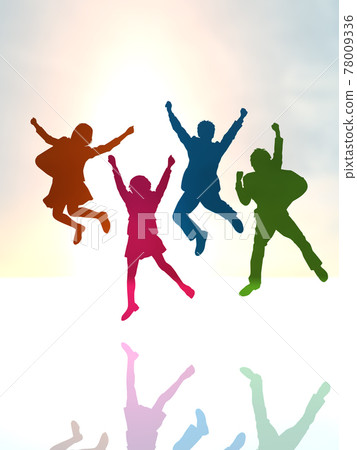 Silhouette of four female students jumping colorful CG illustration vertical 78009336