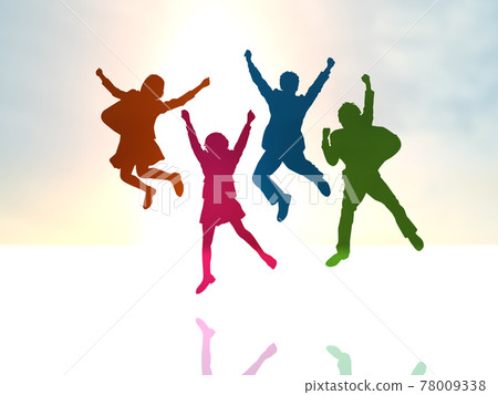 Silhouette of four female students jumping, next to colorful CG illustrations 78009338