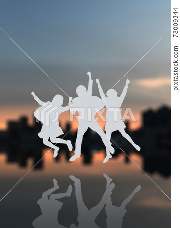 Silhouette of three female students jumping white CG illustration vertical Silhouette of three female students jumping white CG illustration vertical 78009344