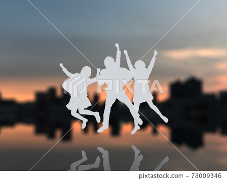 Silhouette of three female students jumping next to the white CG illustration 78009346