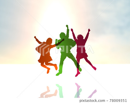 Silhouette of three female students jumping, next to colorful CG illustrations 78009351