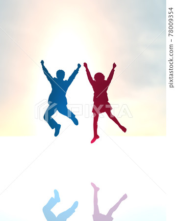Two male and female student silhouettes jumping colorful CG illustration vertical Two male and female student silhouettes jumping colorful CG illustration vertical 78009354
