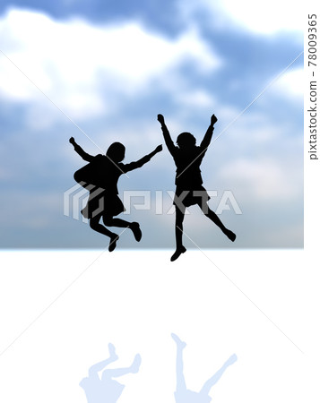Silhouette of two female students jumping black CG illustration vertical 78009365