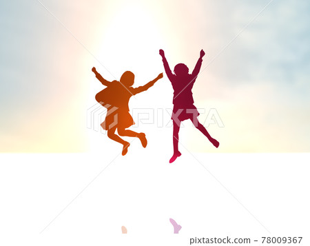 Two female student silhouettes jumping colorful CG illustration side 78009367