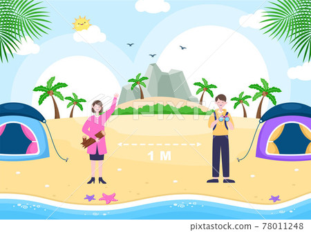 Happy Summer Camp in the Beach for Expedition, Travel, Explore and Outdoor Recreation. Landscape Background Illustration 78011248