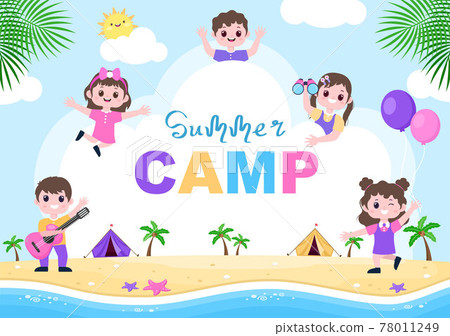 Happy Summer Camp in the Beach for Expedition, Travel, Explore and Outdoor Recreation. Landscape Background Illustration 78011249