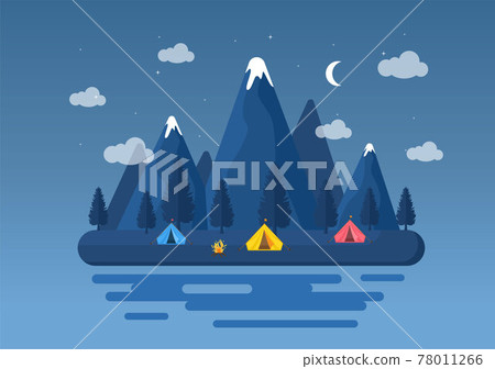 Happy Summer Camp in the Mountain for Expedition, Travel, Explore and Outdoor Recreation. Landscape Background Illustration 78011266