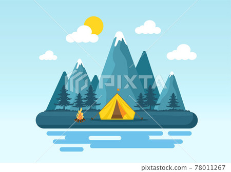 Happy Summer Camp in the Mountain for Expedition, Travel, Explore and Outdoor Recreation. Landscape Background Illustration 78011267