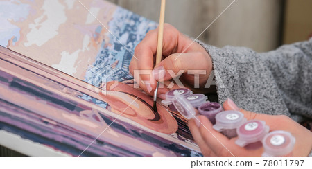 Female hands coloring canvas Picture by numbers girl in Paris. Creative hobby. Painting for beginners. Leisure activity for stay home isolation, anti-stress idea. Meditation, relax concept Female hands coloring canvas Picture by numbers girl in Paris. Creative hobby. Painting for beginners. Leisure activity for stay home isolation, anti-stress idea. Meditation, relax concept 78011797