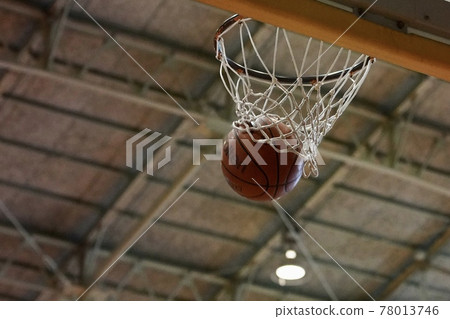 Basketball goal at the moment when a basketball shot enters Basketball goal at the moment when a basketball shot enters 78013746