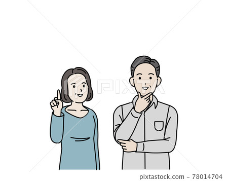 Middle-aged and older couple looking up, I see, pointing up, men and women, middle-aged copy space, illustration material 78014704