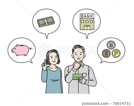 Middle-aged and older couples thinking about funds for old age Savings Investment Money Men and women Middle-aged illustration material 78014731
