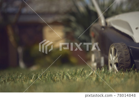 Black and gray professional lawn mower mowing green grass on backyard of country house. Gardening care equipment. Close up Black and gray professional lawn mower mowing green grass on backyard of country house. Gardening care equipment. Close up 78014848