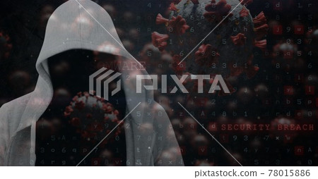 Composition of hooded hacker with covid cells and security breach warning on screen Composition of hooded hacker with covid cells and security breach warning on screen 78015886