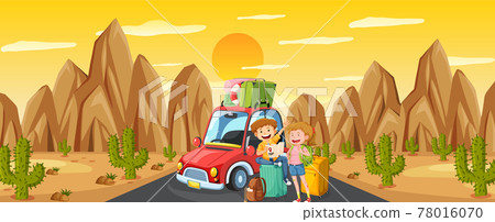Outdoor scene with a couple travelling in desert scene 78016070