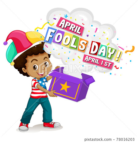 A boy wearing jester hat holding surprise box with April's fool day font A boy wearing jester hat holding surprise box with April's fool day font 78016203