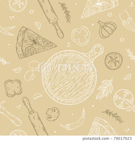 Seamless texture. Vector color image of a pizza. Slices with various ingredients. 78017023