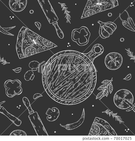 Seamless texture. Vector color image of a pizza. Slices with various ingredients. 78017025