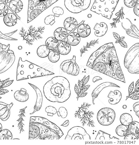 Seamless pattern. Pizza ingredients background. Tomato, garlic, basil, olive, pepper, mushroom 78017047