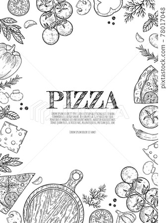 Pizza hand drawn cartoon doodles illustration. Pizzeria objects and elements design. Creative art background. Line art vector background 78017048