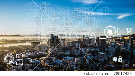 Composition of network of globes and icons over cityscape 78017428
