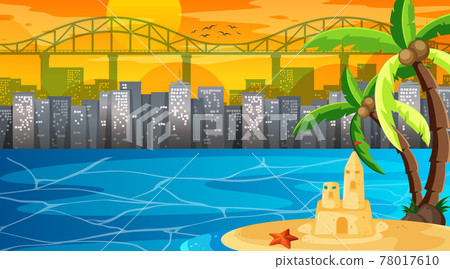 Tropical beach landscape at sunset scene with cityscape background 78017610