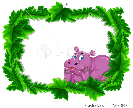 Empty banner with tropical leaves frame and hippopotamus cartoon character 78018074