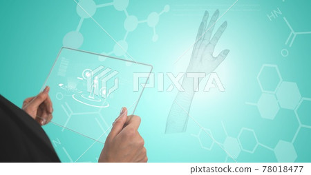 Composition of businesswoman holding interactive screen with medical data processing Composition of businesswoman holding interactive screen with medical data processing 78018477