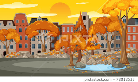 Many buildings in the town scene at sunset time - Stock Illustration ...