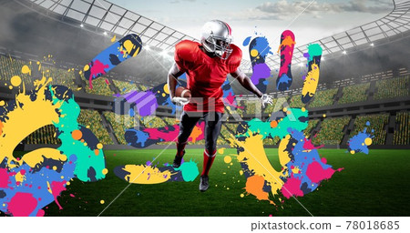 Composition of american football player over colourful handprints and sports stadium background 78018685