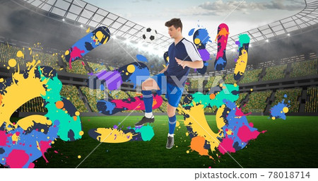 Composition of football player with ball over colourful handprints and sports stadium 78018714