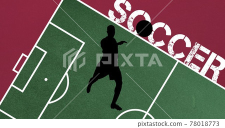 Composition of silhouette of football player over soccer text, football pitch on red background 78018773