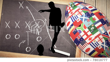 Composition of silhouette of rugby player over tactic planning and rugby ball 78018777