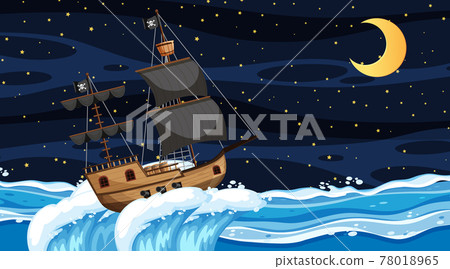 Ocean with Pirate ship at night scene in cartoon style 78018965