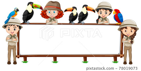 Empty banner with many children and wild animals on white background Empty banner with many children and wild animals on white background 78019073