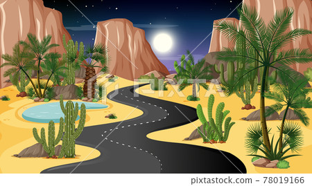 Long road through desert landscape at night scene 78019166