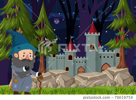 Forest scene at night with a wizard standing beside the castle 78019759