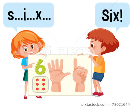 Cartoon character of two kids spelling the number six 78021644