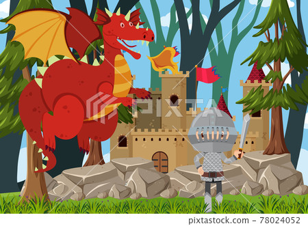 Outdoor castle scene with dragon and knight... - Stock Illustration ...