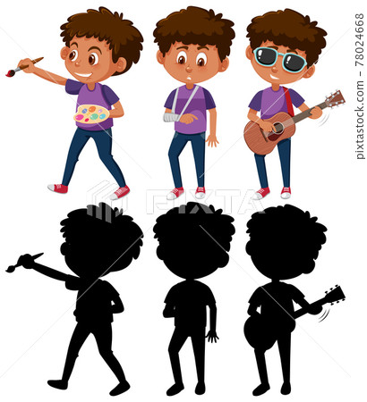 Set of a boy cartoon character doing different activities with its silhouette Set of a boy cartoon character doing different activities with its silhouette 78024668