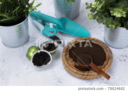 recycling coffee - wood spoon, wood bowl and capsule coffee 78024682